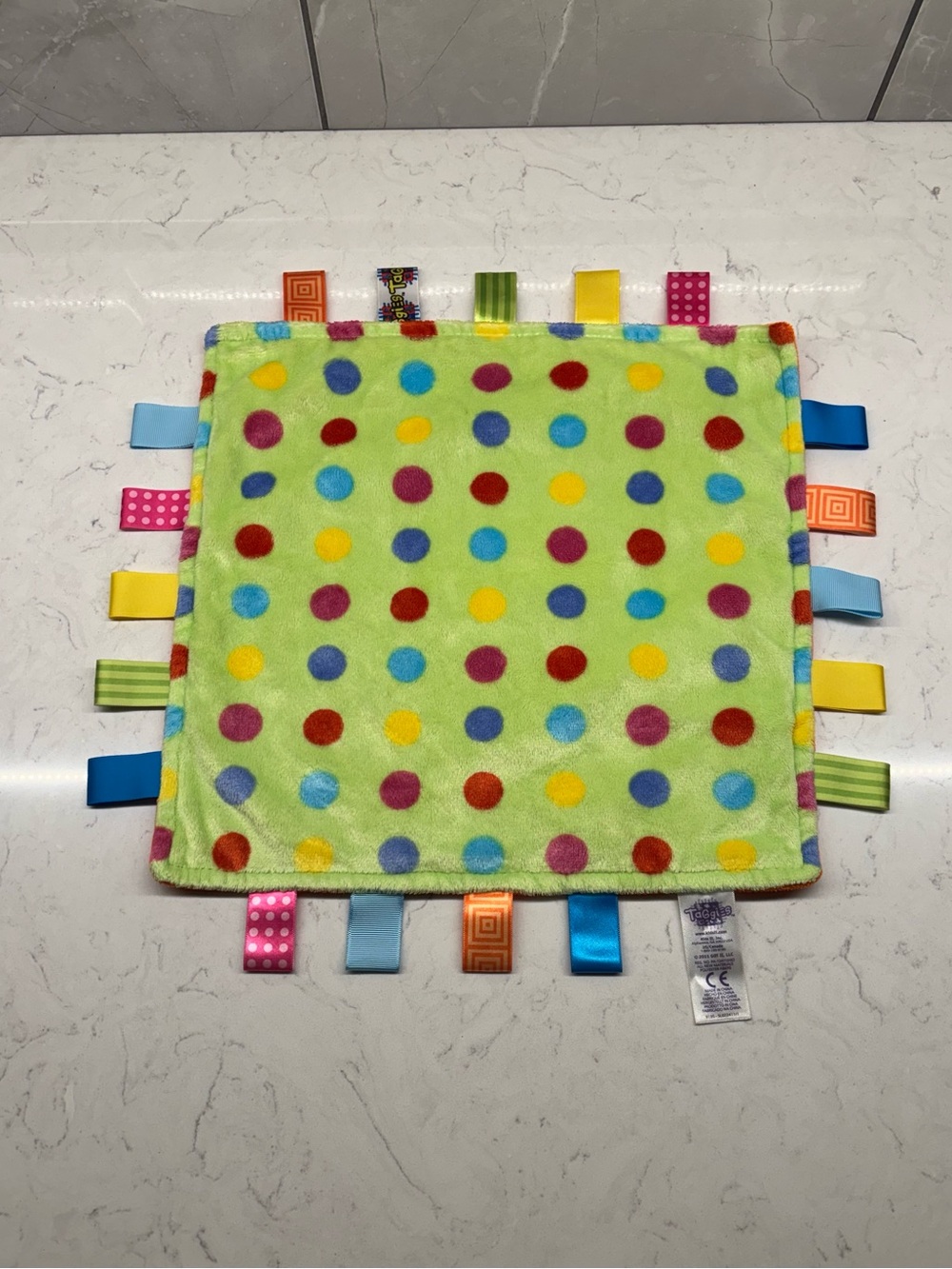 TAGGIES Plush Polka Dot Tags Security Blanket Lovey Green Orange Sensory